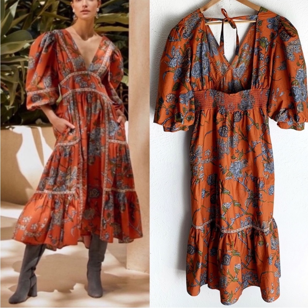 House of Harlow 1960 Floral Puff Sleeve Orange Midi Dress Sz Large